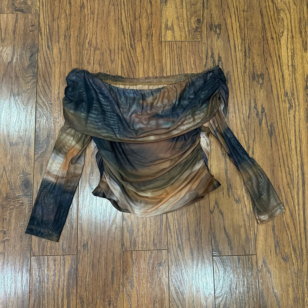 Elegant Off-Shoulder Brown Mesh Top
